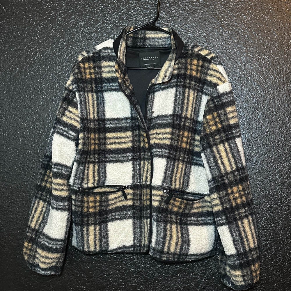 Sanctuary Black and Cream Plaid Fall Cozy Teddy Jacket medium